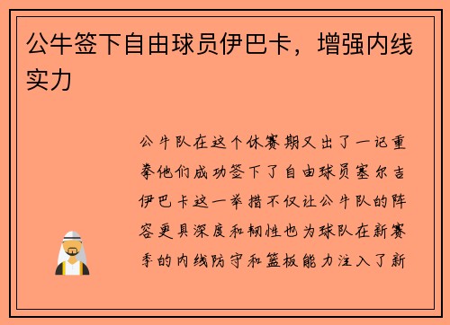 公牛签下自由球员伊巴卡，增强内线实力