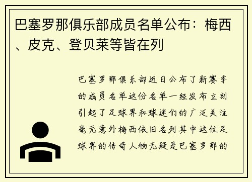 巴塞罗那俱乐部成员名单公布：梅西、皮克、登贝莱等皆在列